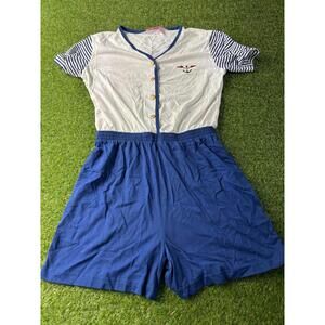 PennyLane Vintage Romper Button Nautical Coastal Cruise Resort Blue white S/M